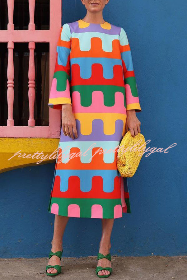 Bright Day Colorful Ripple Print Side Slit Midi Dress