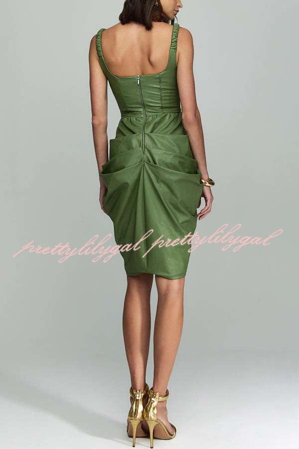 Fashion Choice Faux Leather Corset Ruched Back Zipper Mini Dress