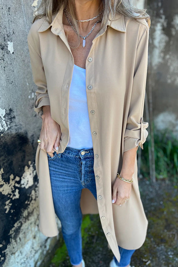 Solid Color Lapel Long Sleeve Button Casual Long Shirt