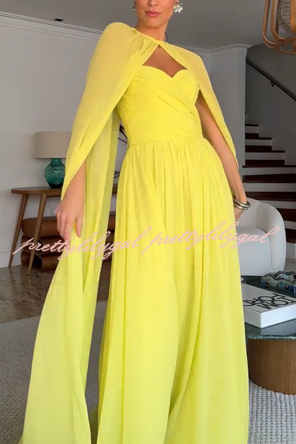 Romantic Party Chiffon Off Shoulder Sweetheart Neck Ruched Cape Maxi Dress