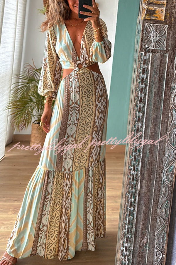 Sefora Unique Color Block Print Long Sleeve Ring Cutout Back Tie-up Maxi Dress