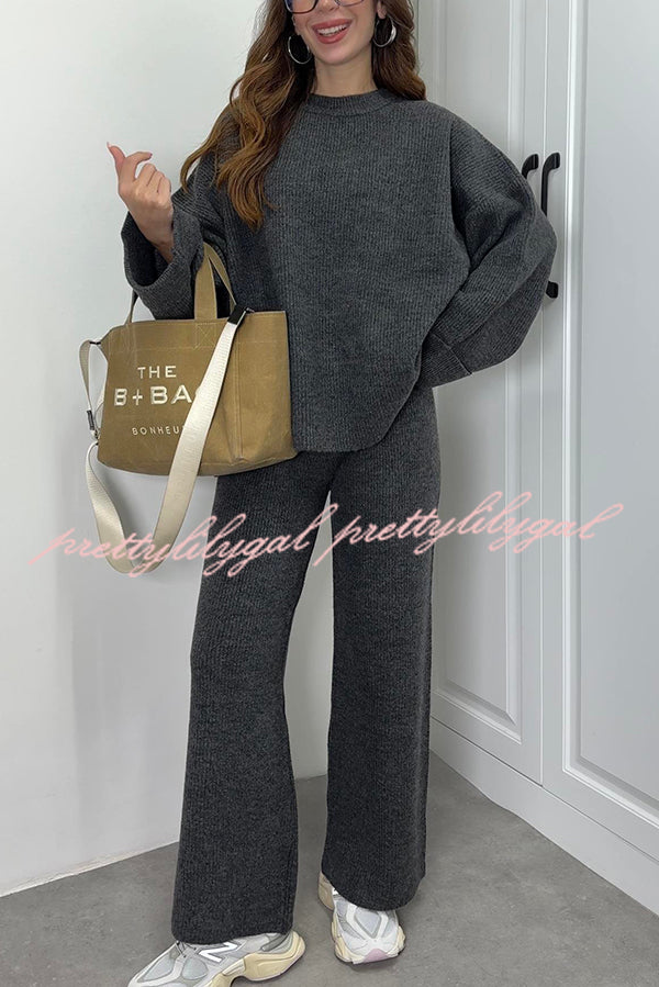 Solid Color Loose Long-sleeved Knit Top and Elastic Waist Casual Straight Leg Pants Set