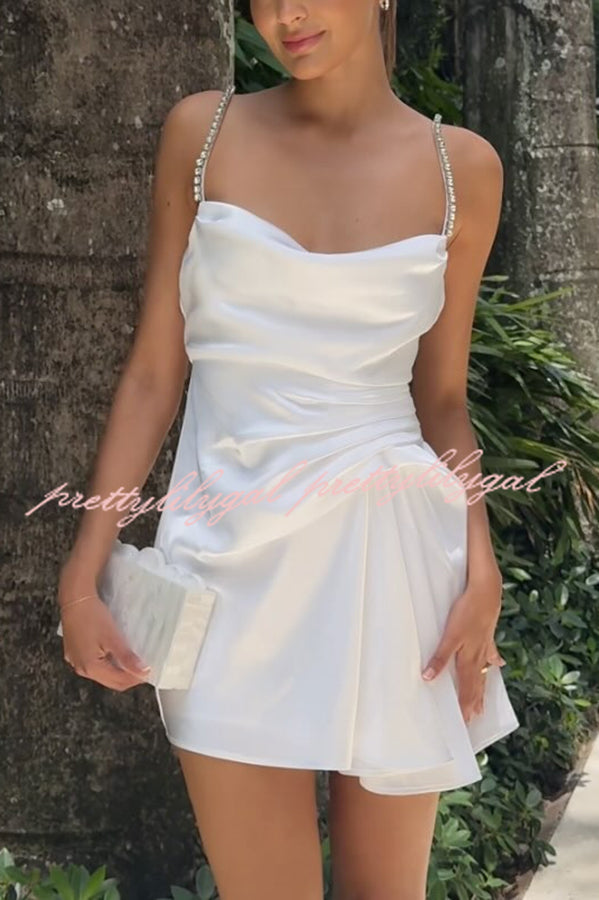 Jorie Satin Rhinestone Shoulder Strap Ruched Drape Hem Mini Dress