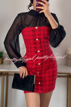 Festive Elegance Tulle Plaid Tweed Patchwork Balloon Sleeve Mini Dress