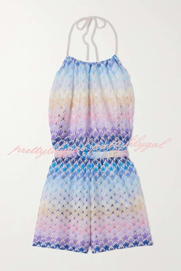 Wave Waves Knit Colorful Zigzag Pattern Halter Neck Backless Loose Romper