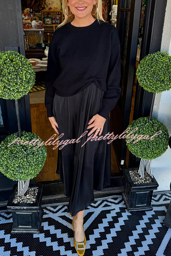 Practical Fashion Knit Ruched Sweater and Satin Stretch Tank Midi Dress Two-piece Set