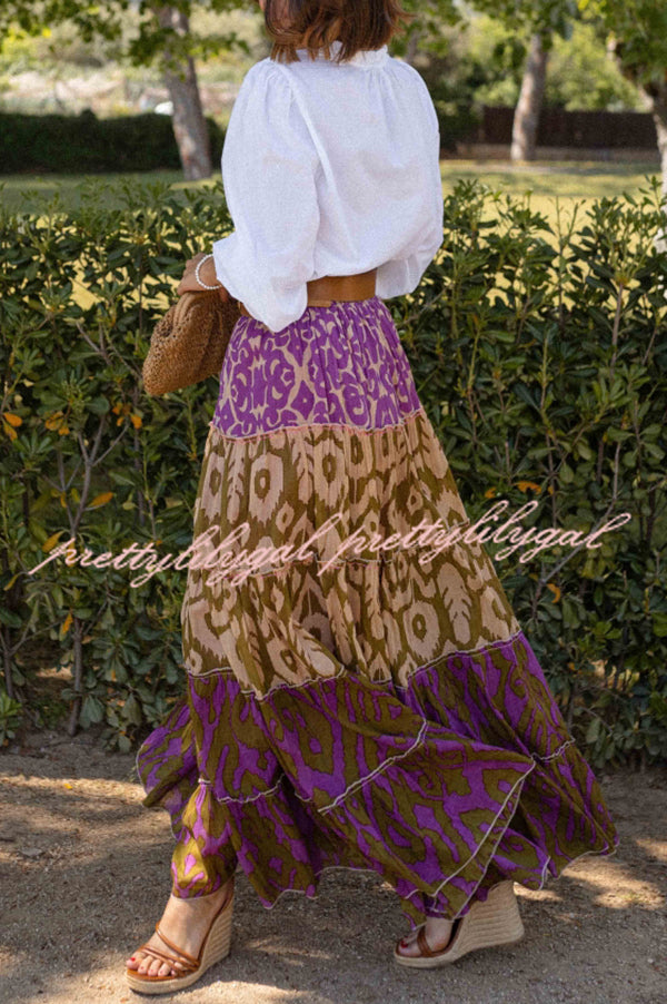 Resort Style Unique Print Elastic Waist Loose Stitching Maxi Skirt