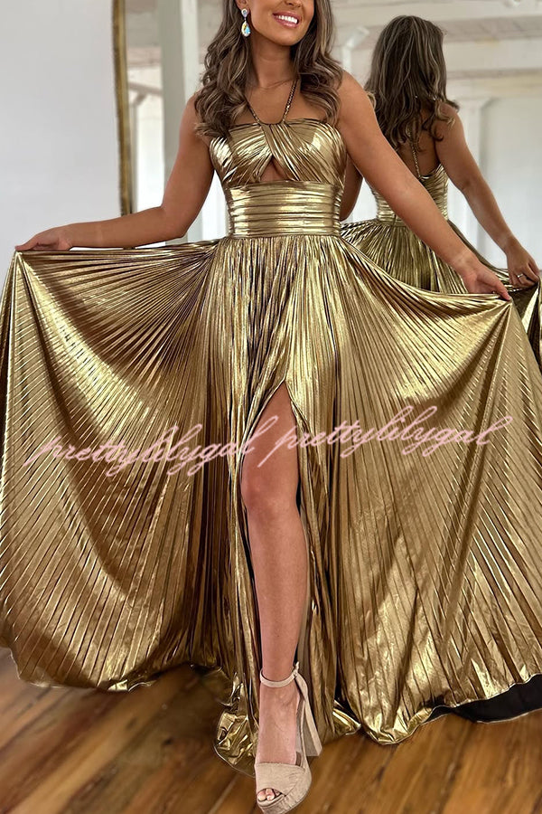 Queen Style Metallic Fabric Cross Neck Cutout Slit Pleated Maxi Dress