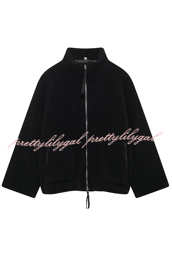 Solid Color Stitching High Collar Long Sleeve Loose Pocket Woolen Coat