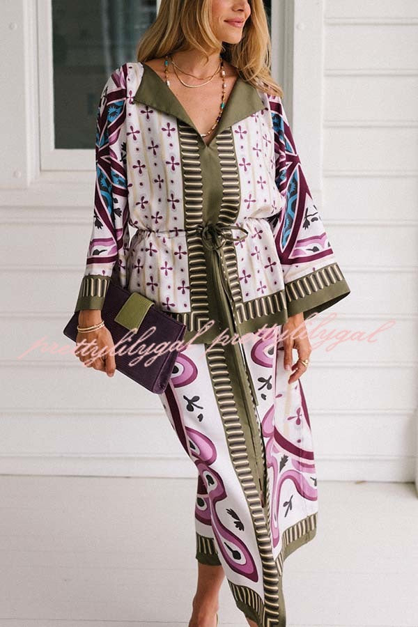Texture and Elegance Satin Unique Print Bell Sleeve Drawstring Waist Slit Midi Dress