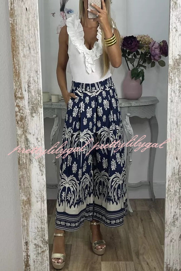 Unique Print Elastic Waist Loose Pocket Holiday Wide Leg Pants