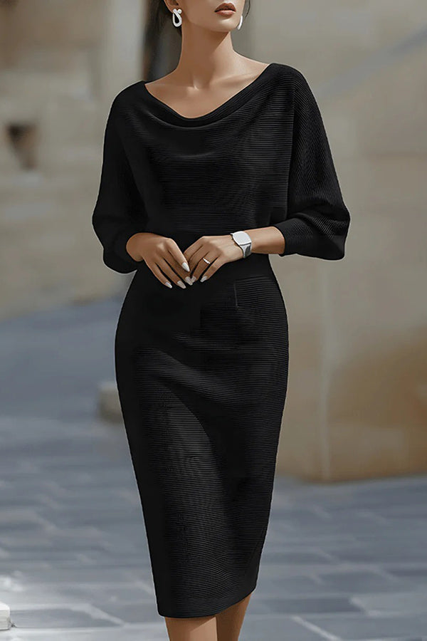 how to style a simple black dress Solid Color Batwing Sleeve Fitted Waist Elegant Midi Dress