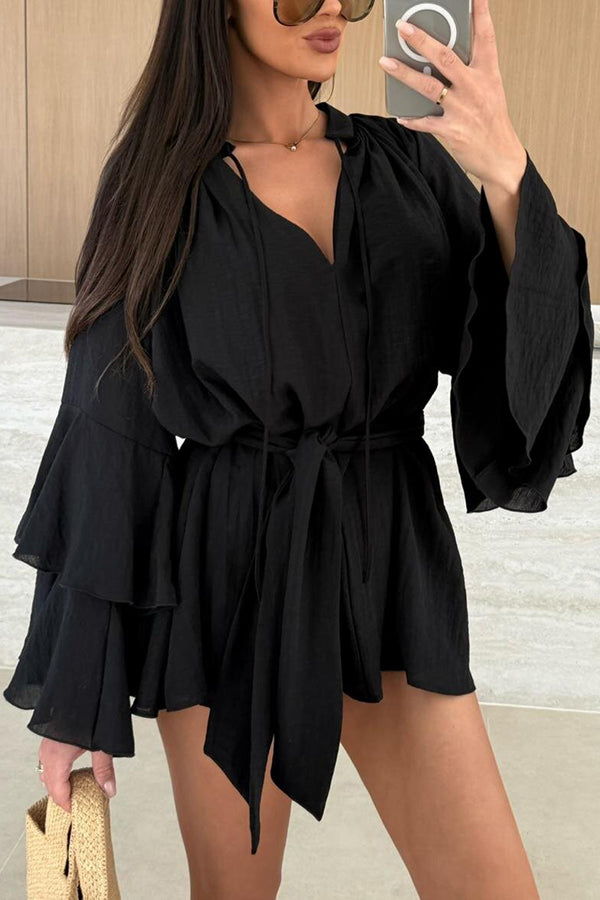 Solid Color V-neck Ruffled Long Sleeve Waist Tie Mini Dress