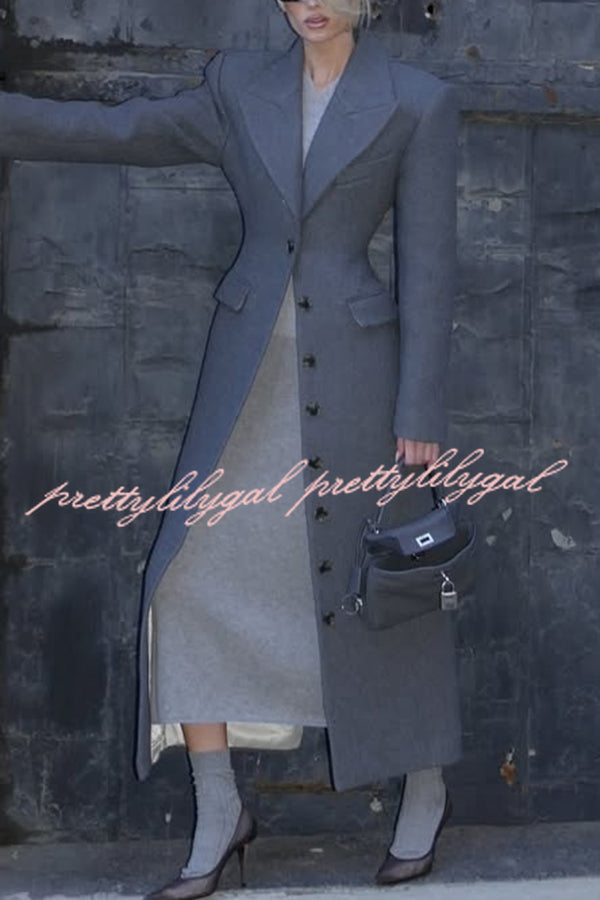 Elegant Lapel Long Sleeve Button High Waist Long Coat