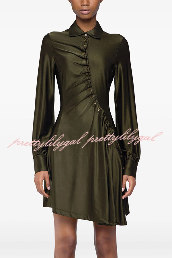 Marvis Button-embellished Long Sleeve Asymmetrical Drape Shirt Midi Dress