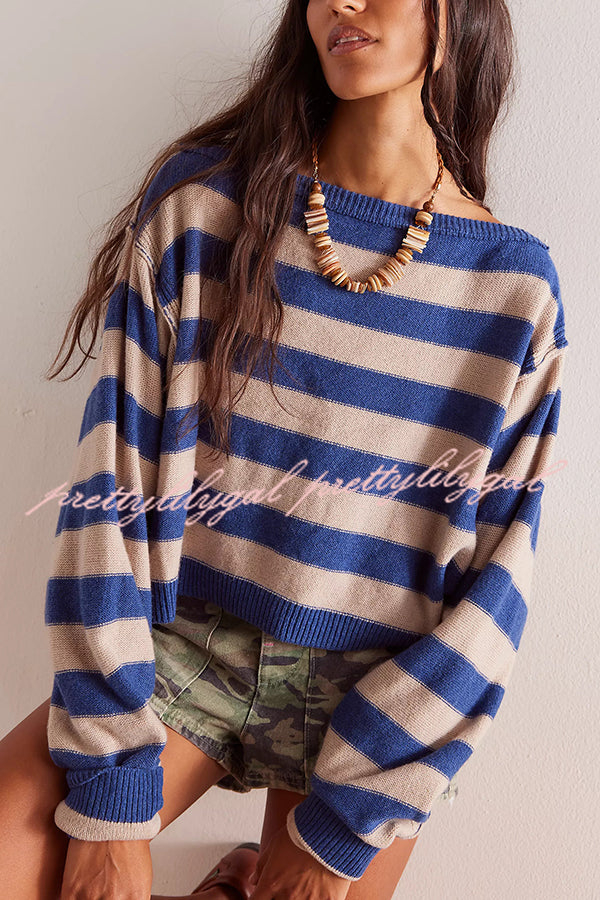 Striped Print Crew Neck Long Sleeve Loose Knitted Sweater