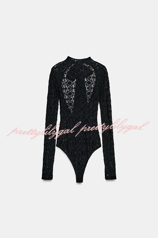 Anna Semi-sheer Lace Long Sleeve Back Bow Tie-up Cutout Stretch Bodysuit
