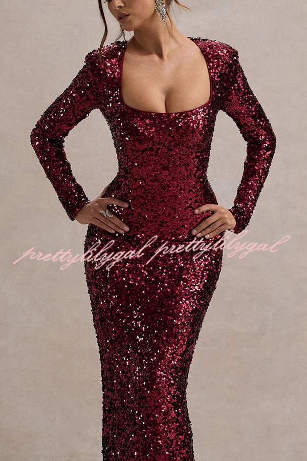 My Dream Sequin Square Neck Long Sleeves Slit Maxi Dress