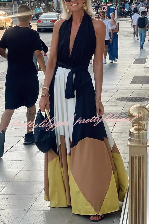 Fashion Colorblock Sexy Backless Tie Waist Full Hem Maxi Dress