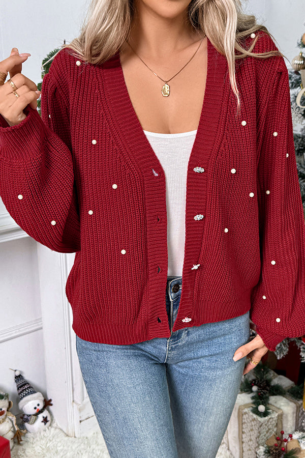 Christmas Pearl Embellished Casual V-Neck Knitted Cardigan