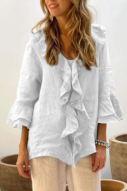 Solid Color V-neck Ruffled Casual Loose Top