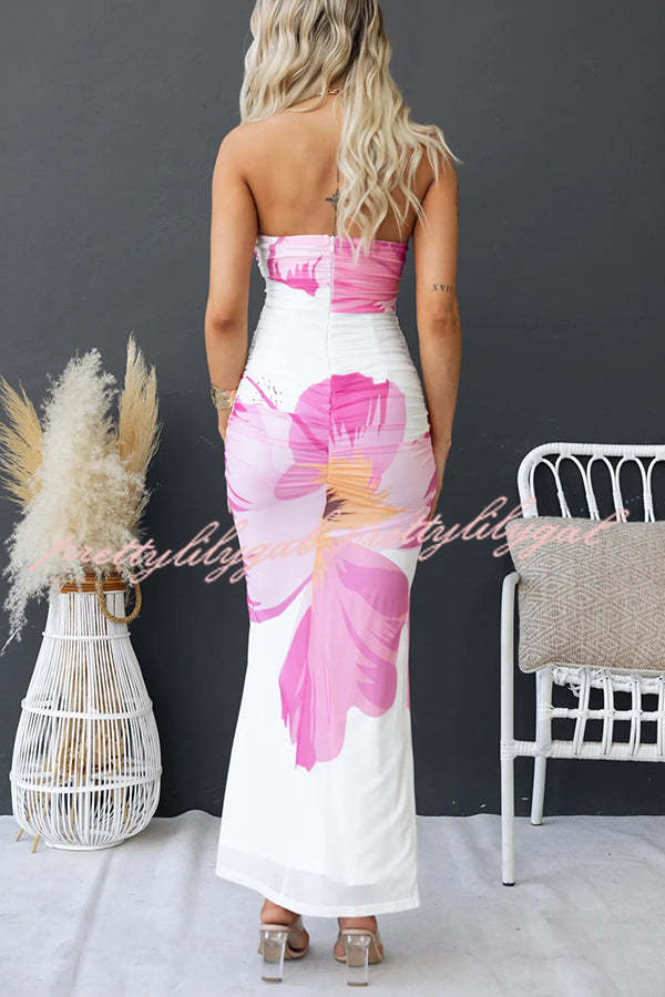 Pamona Mesh Floral Print Twist Off Shoulder Stretch Maxi Dress