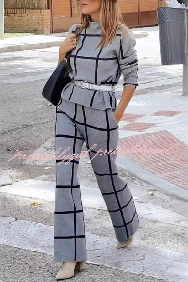 Fashionable Plaid Turtleneck Long Sleeve Top and Elastic Waist Tie Pocket Pants Set