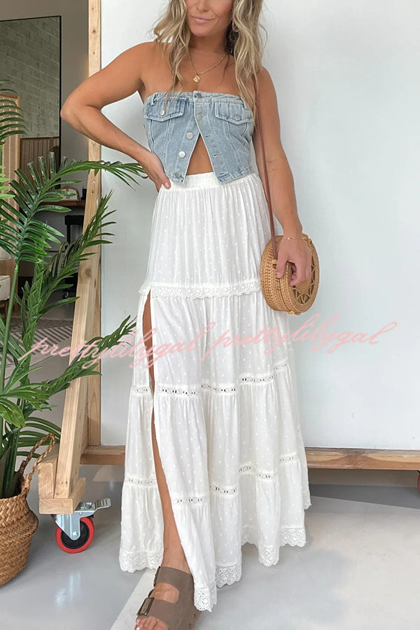 Fashion Lace Splicing Elastic Waist Loose High Slit Maxi Skirt