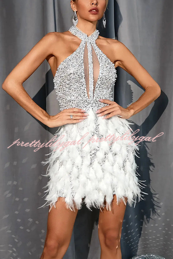 Stylish Sequined Sleeveless Feather-embellished Slim-fit Mini Dress
