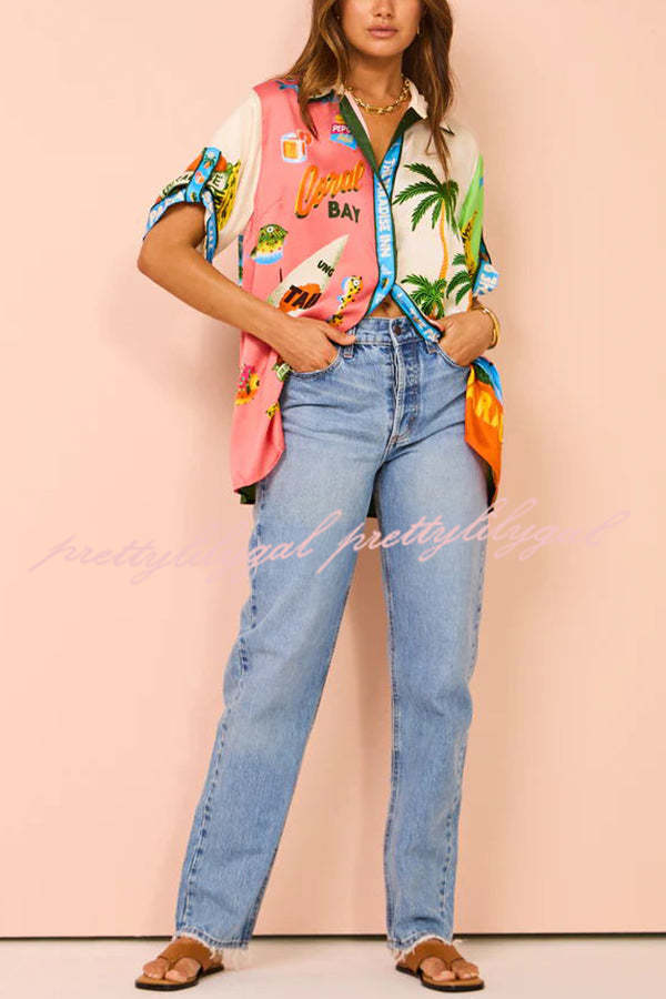 Kissed By The Sun Satin Unique Print Colorblock Button Down Oversized Blouse