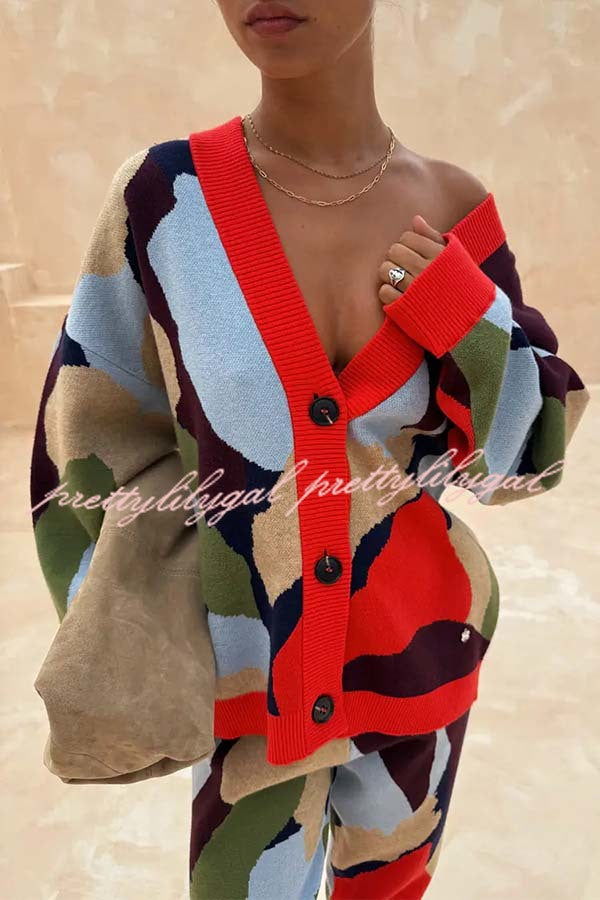 Bright and Bold Knit Abstract Color Blocks Button Long Sleeve Loose Cardigan
