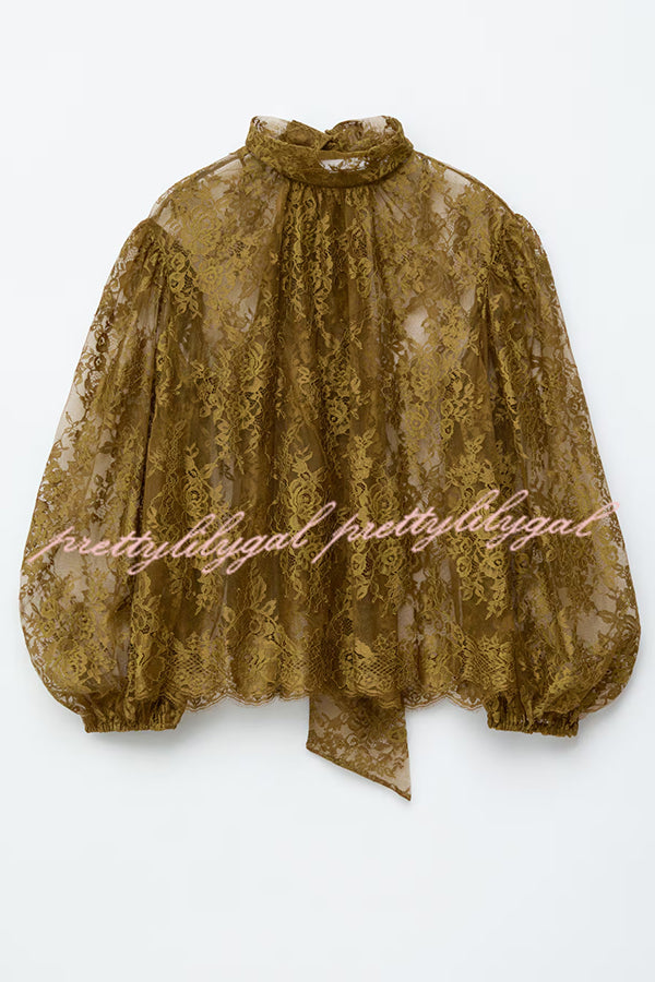 Reigna Semi-sheer Floral Lace Bow Neck Balloon Sleeve Loose Blouse