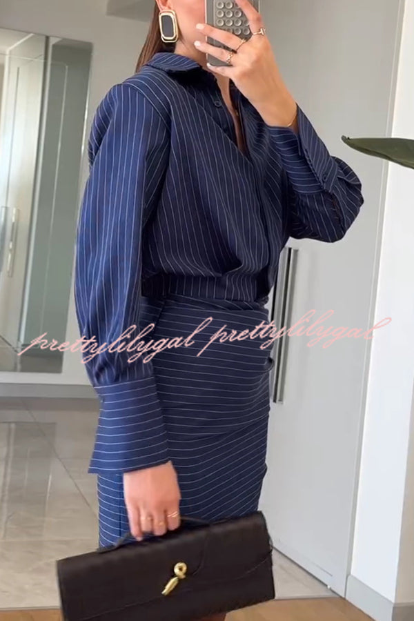 Simple and Sexy Stripe Print Long Sleeve Ruched Hem Shirt Mini Dress