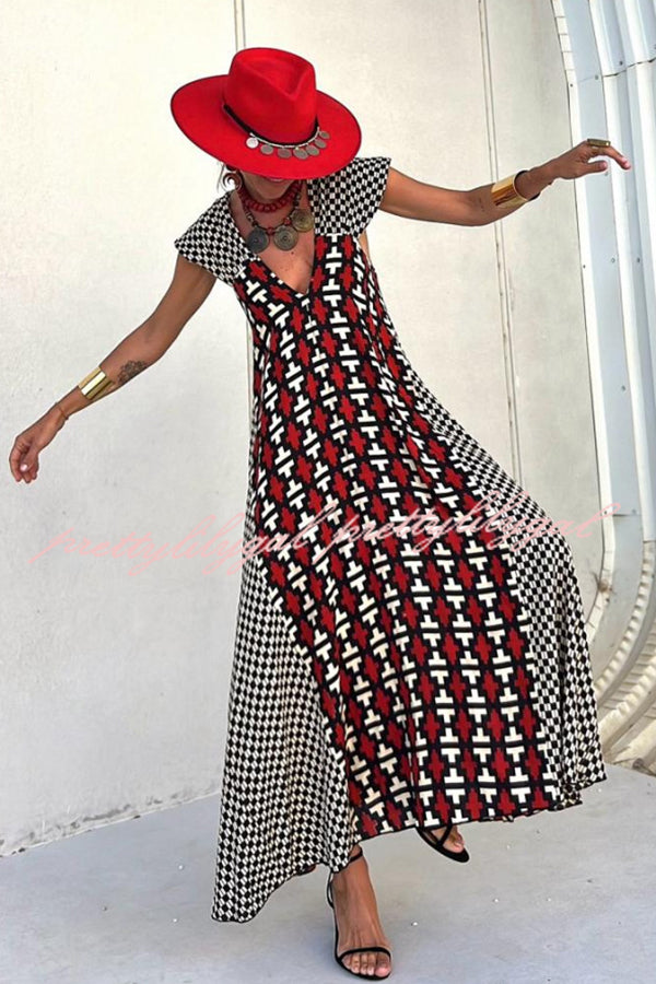 Fresh Breeze Ethnic Unique Print Ruffle Sleeve A-line Maxi Dress
