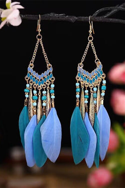 Vintage chain tassel bohemian feather earrings