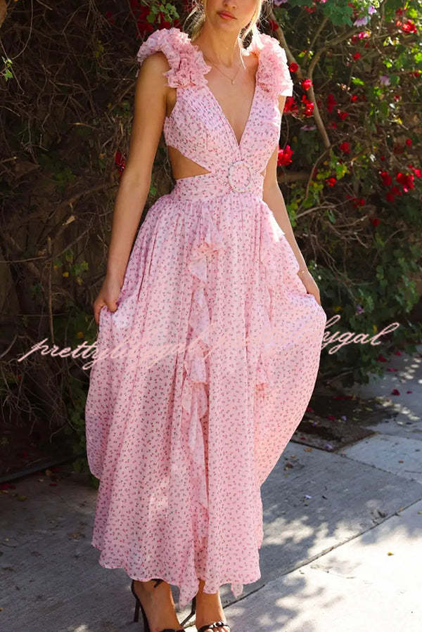 Wedding Dreams Chiffon Printed Flutter Sleeve Cutout Back Lace-up Maxi Dress
