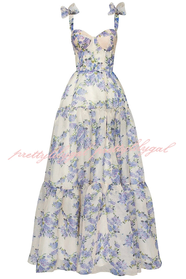 Fairytale Itself Organza Floral Print Tie Strap Maxi Dress