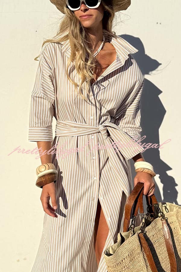 All-match Striped Button Up Half Sleeve Belted Pocket Shirt Midi Dress