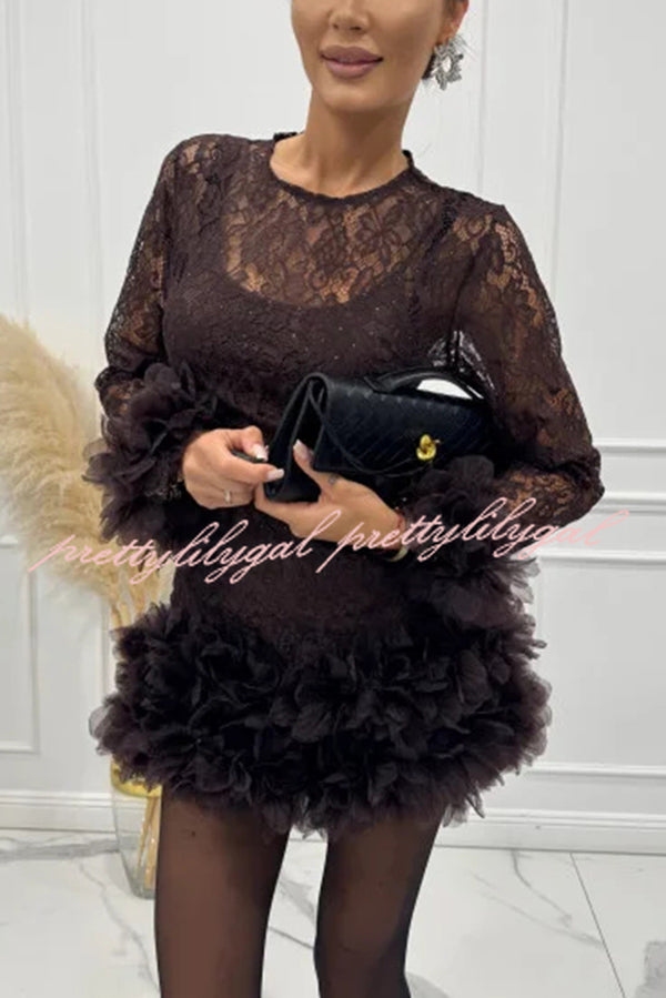 Alyssa Lace Fabric Tulle Layered Petals Trim Long Sleeve Mini Dress