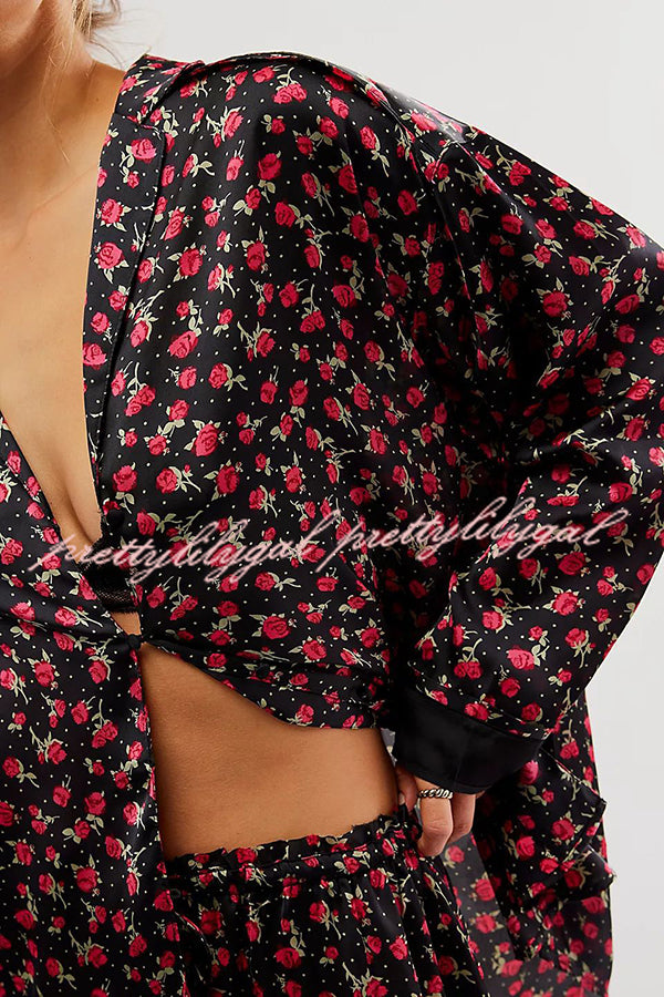 Unique Printed Lounge Long-sleeved Shirt and Elastic Waisted Baggy Pants Set