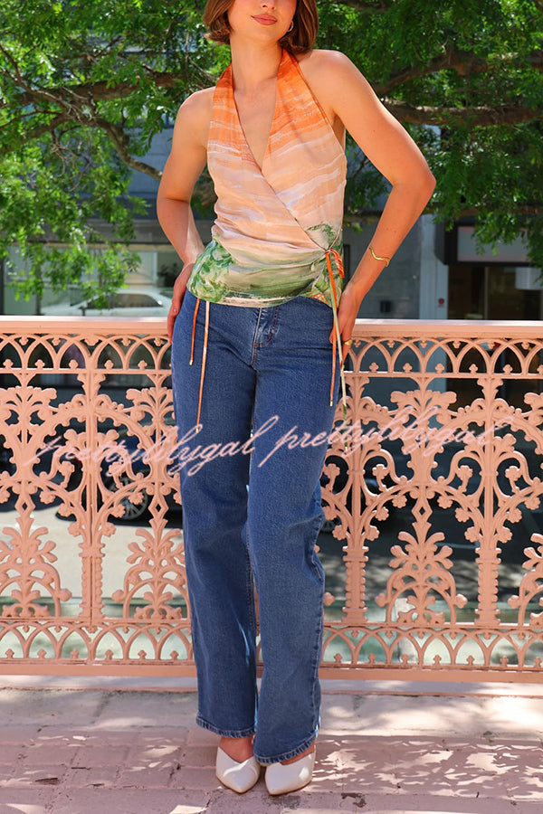 Fairy Tale Town Sunset Unique Print Halter Tie-up Top and Elastic Waist  Pocketed Pants Set