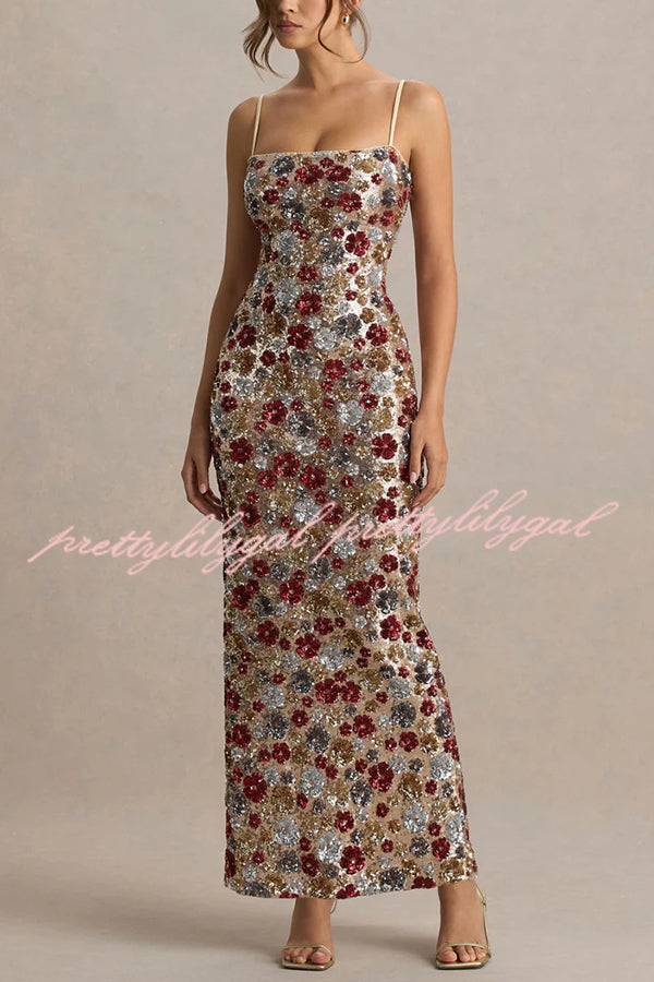 The Center of Attention Floral Print Sequin Square Neck Slip Stretch Maxi Dress