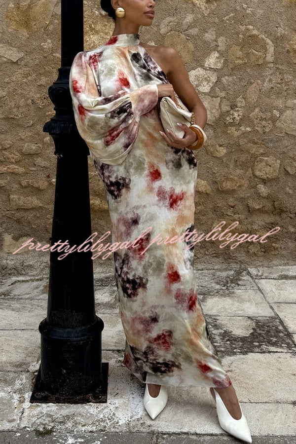 Ninah Satin Tie-dye Print Tie-up Neck One Sleeve H-line Maxi Dress
