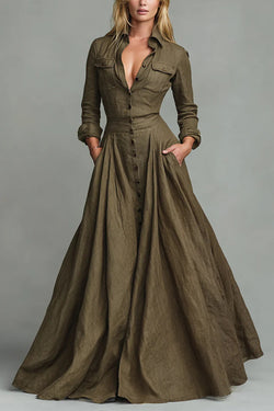 Linen Blend Lapel Pocket Single-breasted Shirt-style Casual Maxi Dress