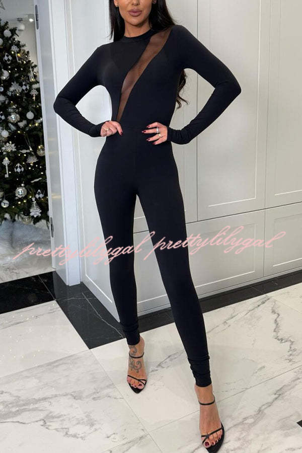 Let Me Dance Mesh Hollow See-through Long Sleeve Stretch Jumpsuit