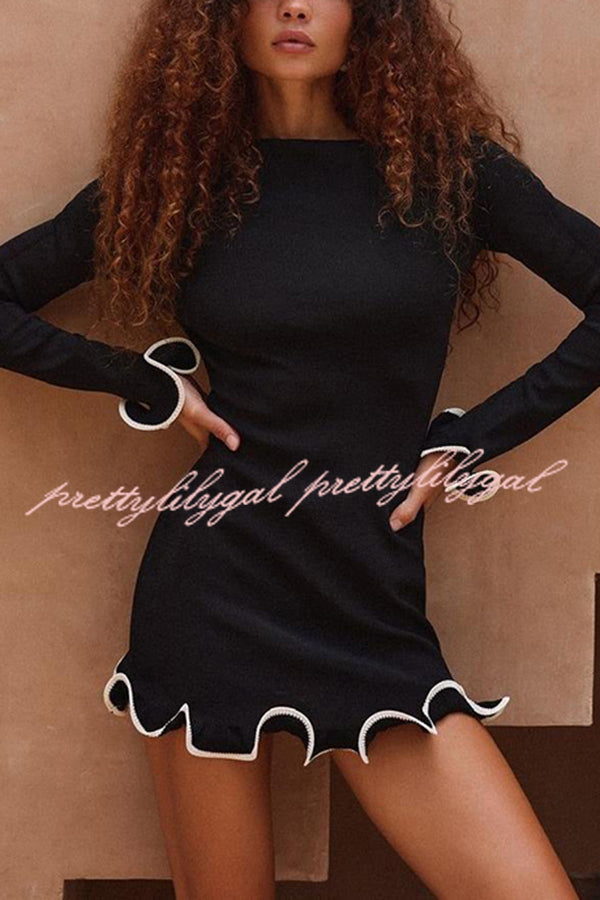 Fashionable Rolled Hem Round Neck Long Sleeve Slim Fit Mini Dress