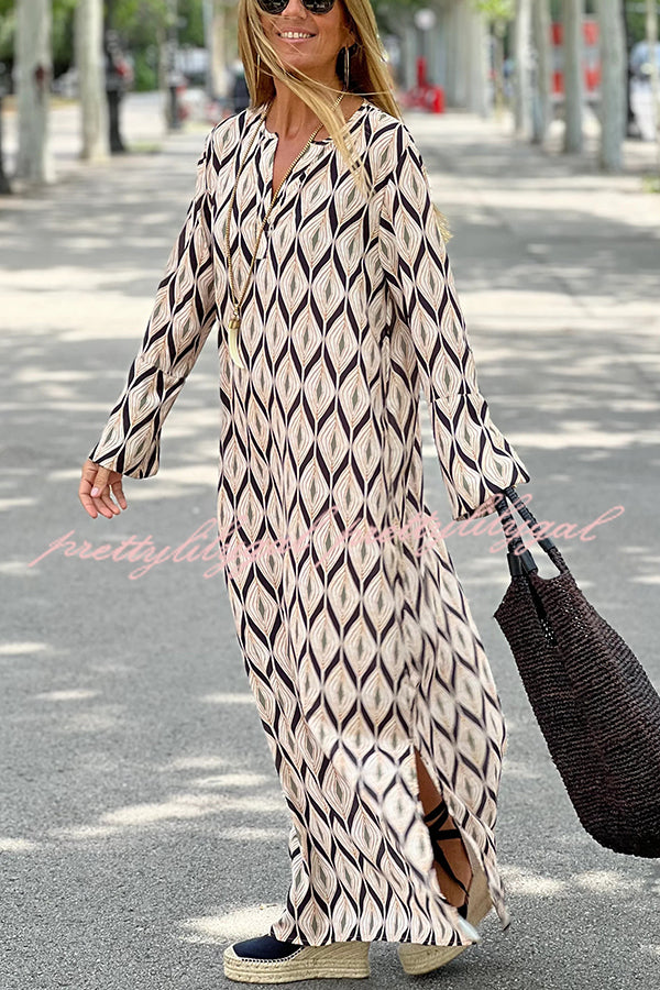 Unique Printed Long Sleeve V-neck Loose Maxi Dress