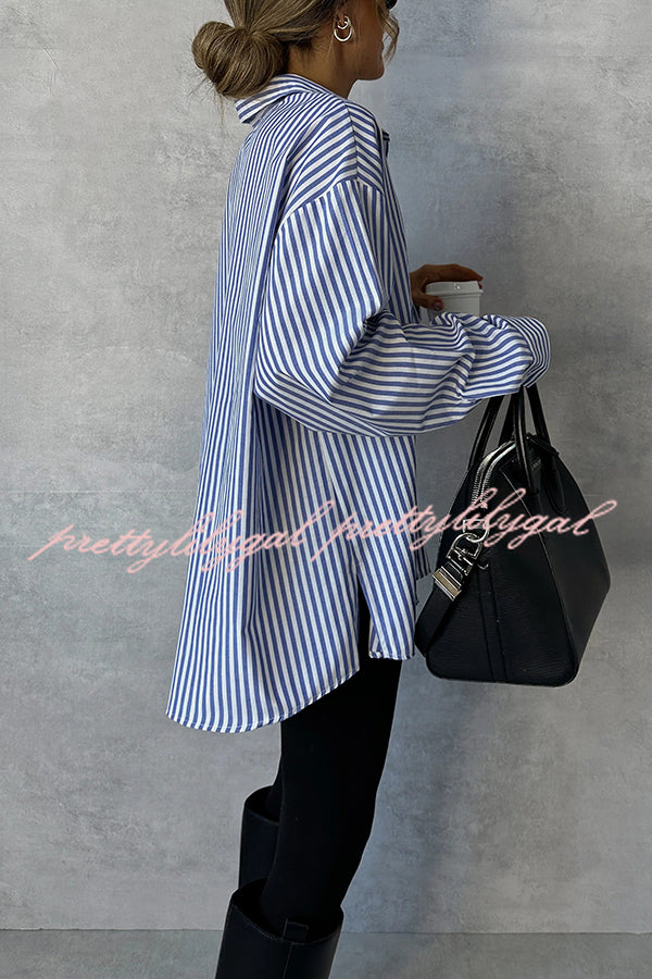 Fashionable Striped Printed Loose Long-sleeved Casual Shirt