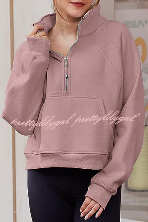 Stylish Patchwork Stand Collar Zippered Loose Pocket Sweatshirt