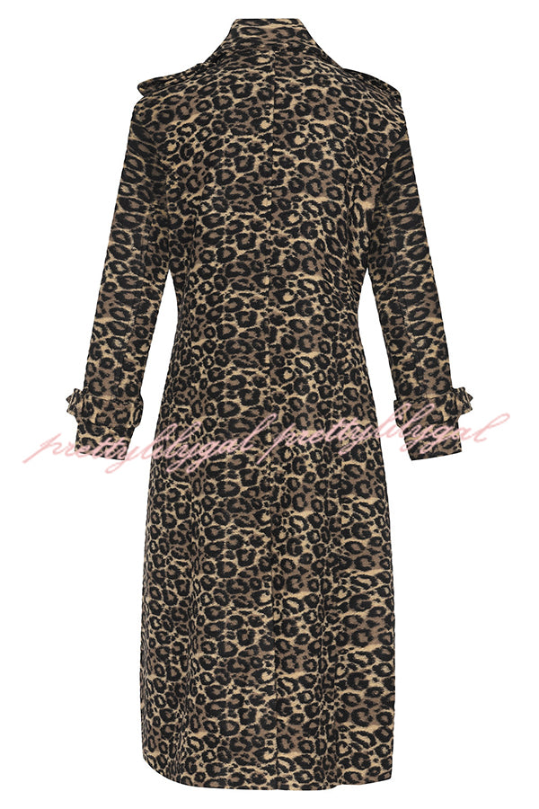 Leopard Affair Animal Print Epaulettes Long Sleeve Pocketed Lapel Midi Trench Coat